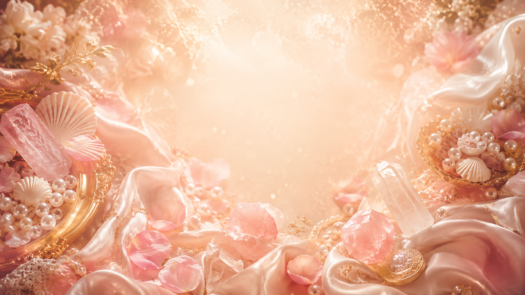 Mystical pink and gold background with rose quartz crystals, pearls, seashells and rose petals