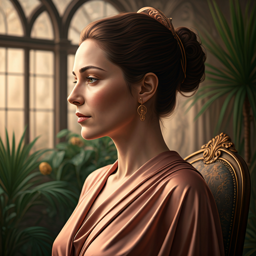 A serene woman in flowing rose and gold silk, surrounded by soft divine light